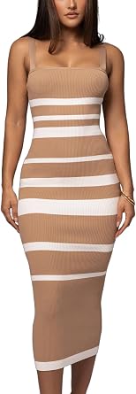 CutieLove Womens Casual Sleeveless Striped Bodycon Midi Dress Square Neck Ribbed Knit Dresses