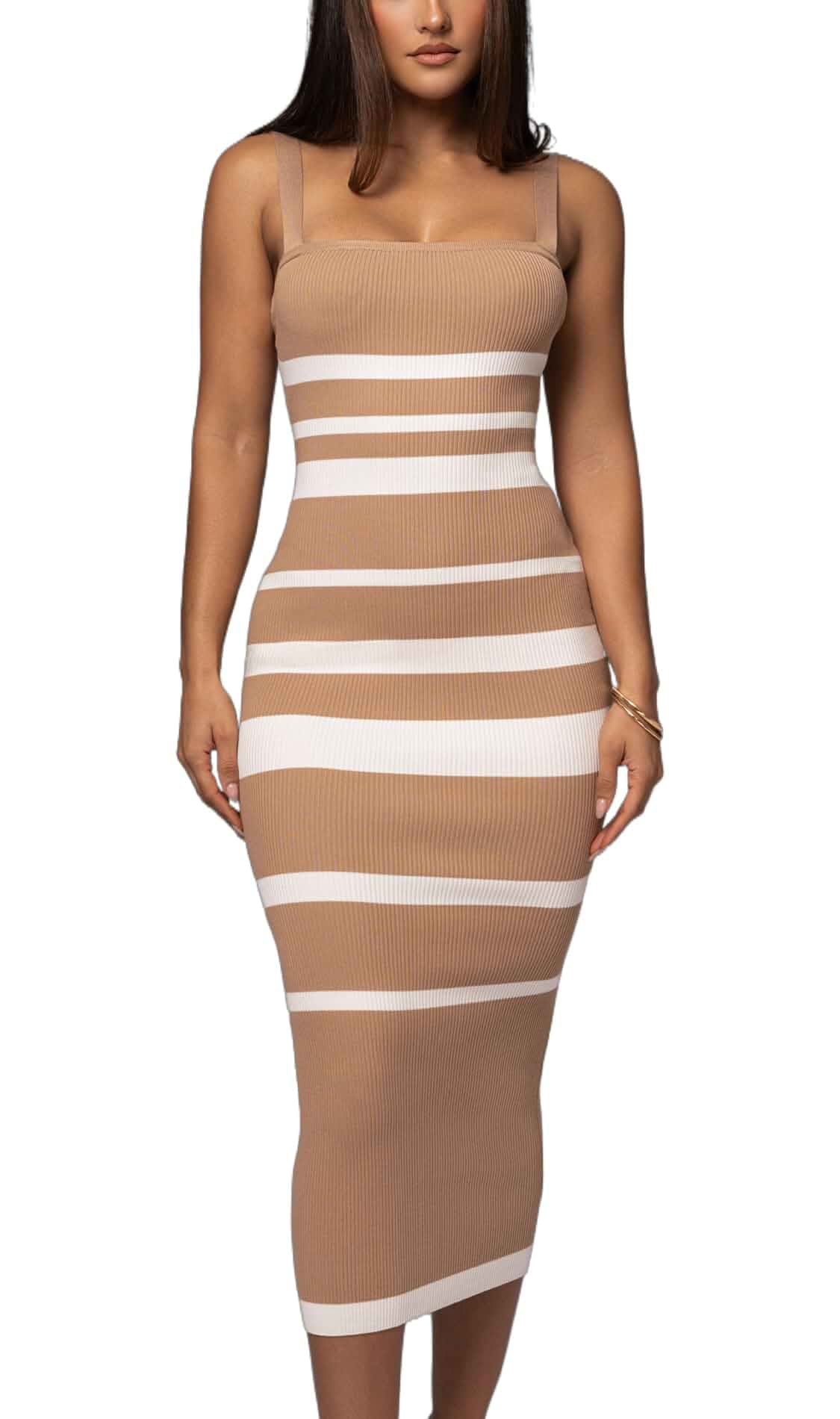 CutieLove Women's Casual Sleeveless Striped Bodycon Midi Dress Square Neck Ribbed Knit Dresses Sleeveless · Solid