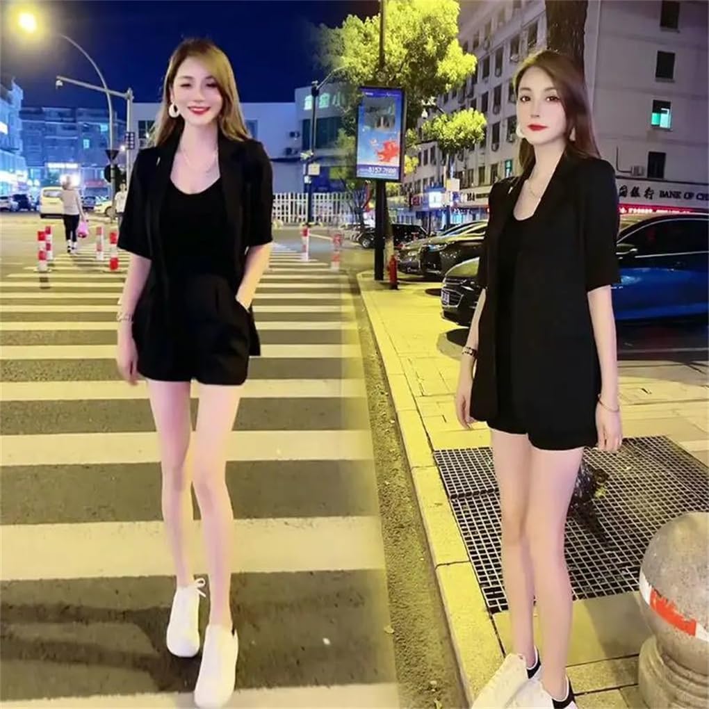 Women Solid Short Sleeve Blazer Set, Korean Casual High Waist Shorts Sports Style Two-Piece Outfits