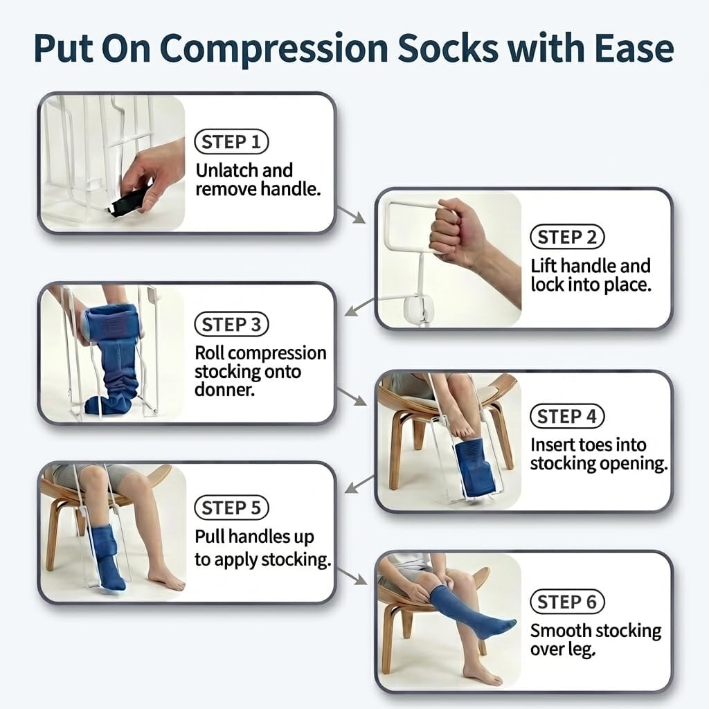 Adjustable Compression Sock Aid with Foldable Handles, Easy Pull On Stocking Donner for Knee High Socks, Fits 14–16 Inch Calf, Mobility Assistance Sock Helper for Seniors & Recovery (Medium)