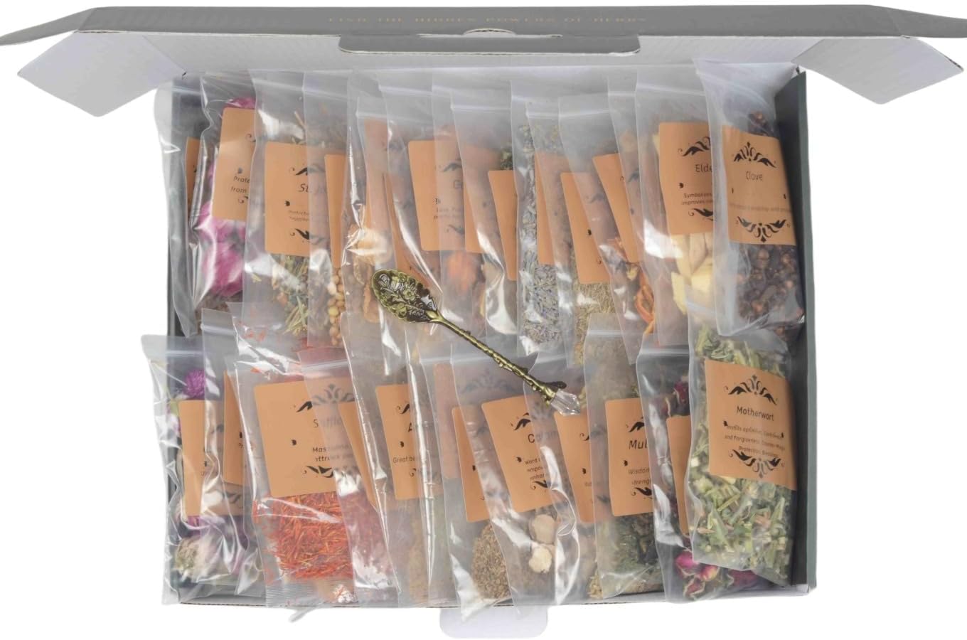 30 Dried Herbs for Witchcraft & Ritual Incense – Magical Kit for Spell Jars, Smudging, Spiritual Healing – Wiccan Altar Supplies & Crystal Spoon