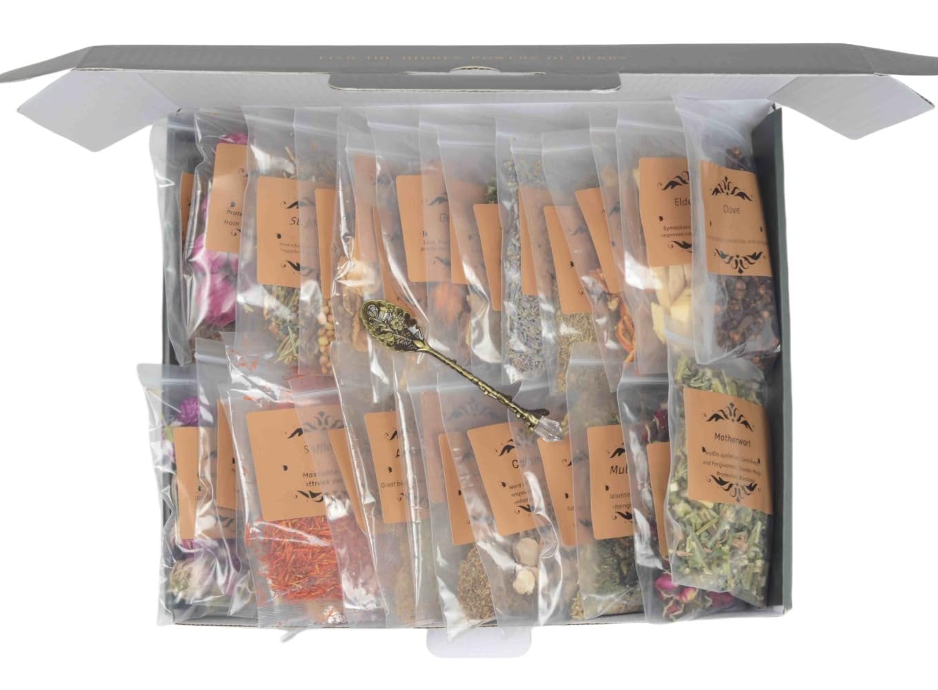 Kit Herbale Magico – 30 Erbe Essiccate in Sacchetti Etichettati, Cucchiaio di Cristallo per Rituali Wicca, Pulizia Energetica, Lancio di Incantesimi, Guarigione Spirituale, Barattoli di Incantesimi