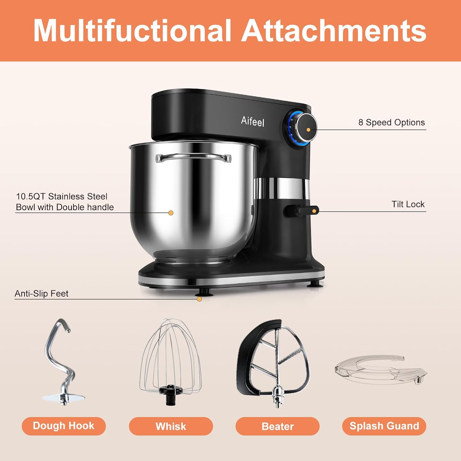 10.5QT Stand Mixer, 900W Electric Tilt-Head Kitchen Mixer Black