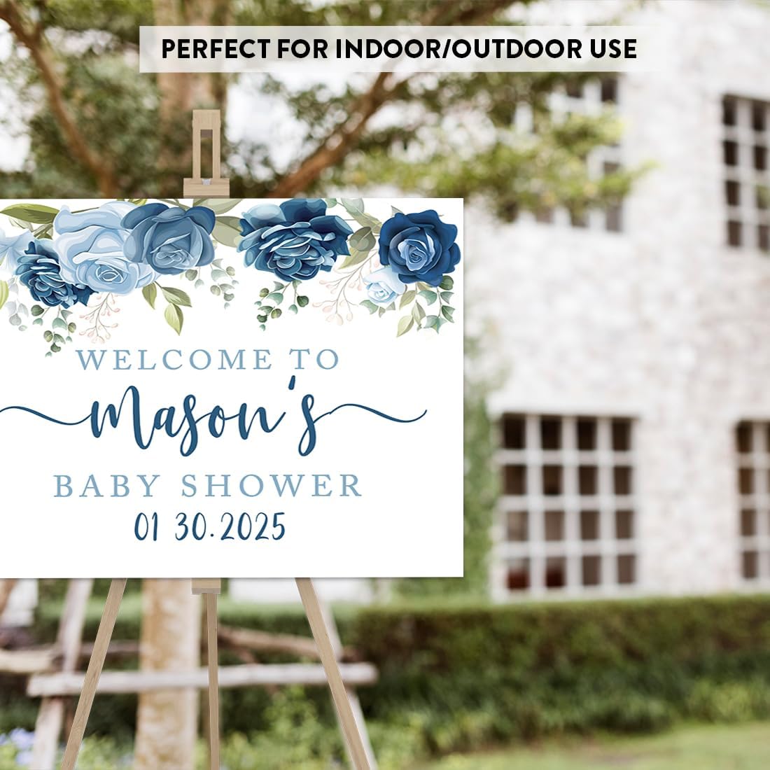 Andaz Press Personalized Large Canvas Baby Shower Welcome Sign, 16 x 20 Inches, Navy and Baby Blue Roses, Guestbook Alternative, Custom Baby Shower Sign, for Floral Baby Shower, Baby Sprinkle Theme