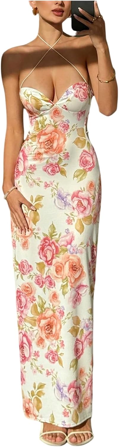 Floerns Women's Summer Split Thigh Spaghetti Strap Cami Midi Floral Dress Vacation Outfits for Women