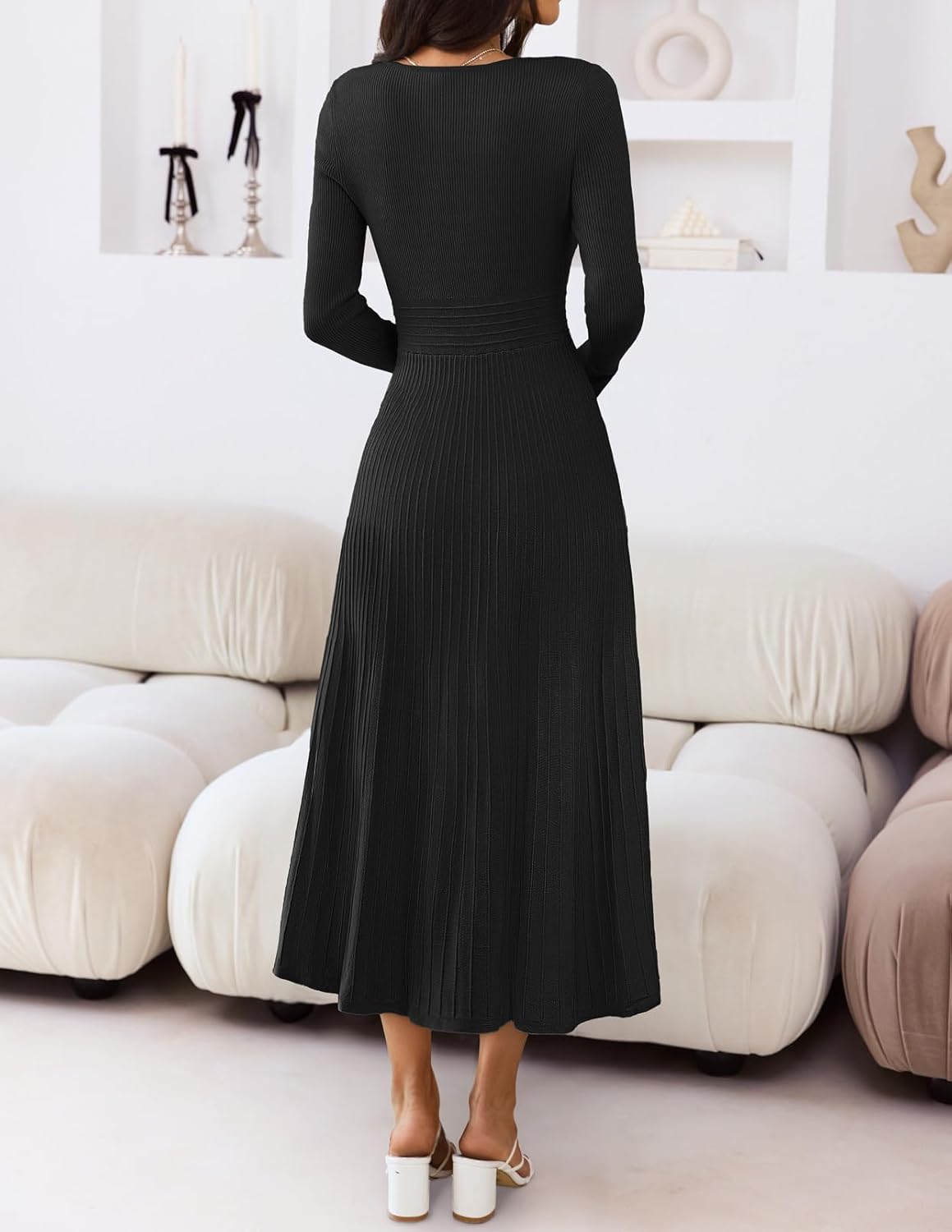 MEROKEETY Women's Sweater Dress 2025 Fall Winter Casual Long Sleeve Square Neck Pleated Church Work Knit Midi Dresses - Image 4