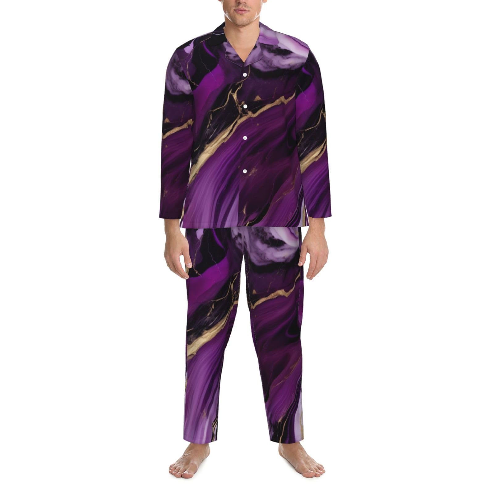 Set pigiama a maniche lunghe da uomo in marmo con texture viola scuro 1 stampa set pigiama da notte in due pezzi abbigliamento da notte traspirante