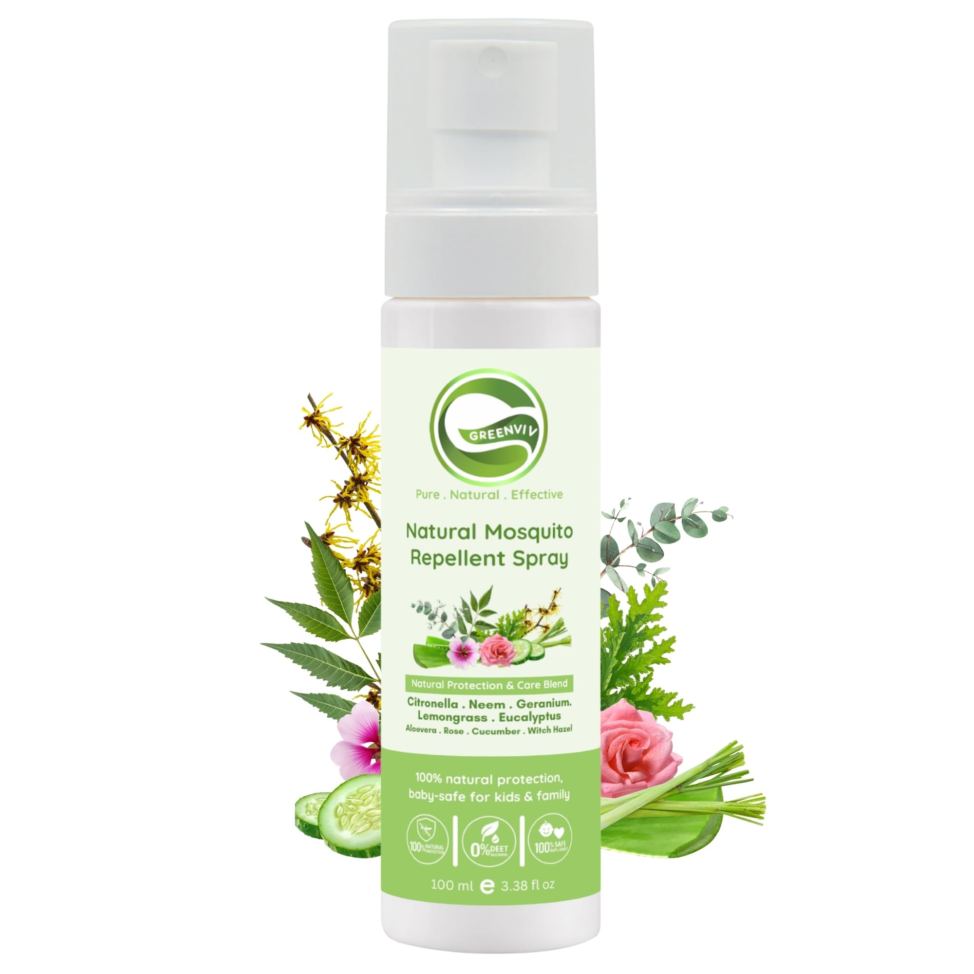 Greenviv Natural Insect Repellent Spray, Rose and Neem Water | 100% Protection from Mosquitoes, Fleas and Ants | with Citronella, Lemongrass, Eucalyptus & Geranium | For Children & Adults | 100ml-image-36