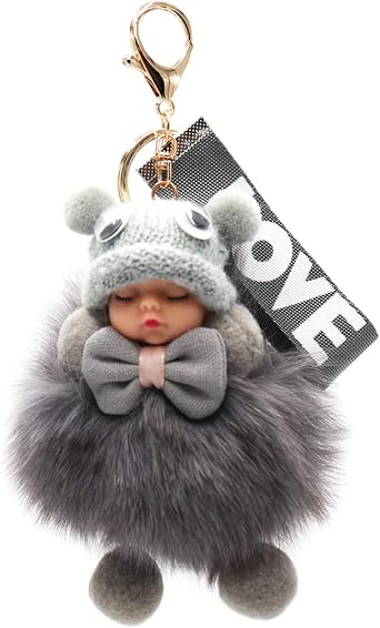 surell Genuine Fox Fur Baby Keychain with Bowtie - Adorable Pom-Pom Bag Purse Charm - Gold Ring Fluffy Fur Ball - Fashion Gift grey