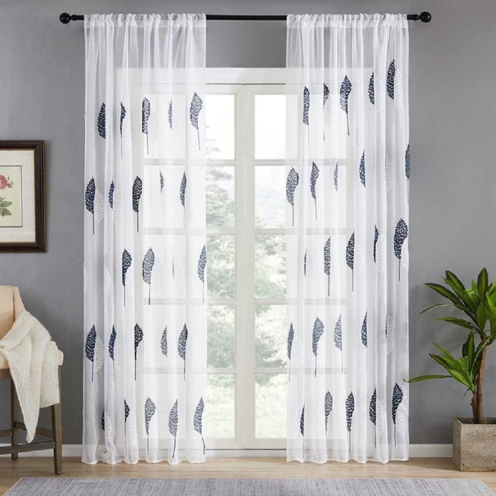 HooHero European Style Two-Color Leaves Pattern Embroidered Sheer Curtains Voile Curtain Rod Pocket for Living Dining Room Bedroom Bay Window(2 Panels, W 54 x L 84 inch, Deep Blue)