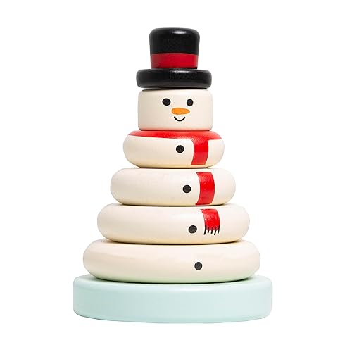 Pearhead Juego de juguetes apilables de muñeco de nieve de madera, juguetes navideños para niños, decoración de día festivo para guardería, muñeco