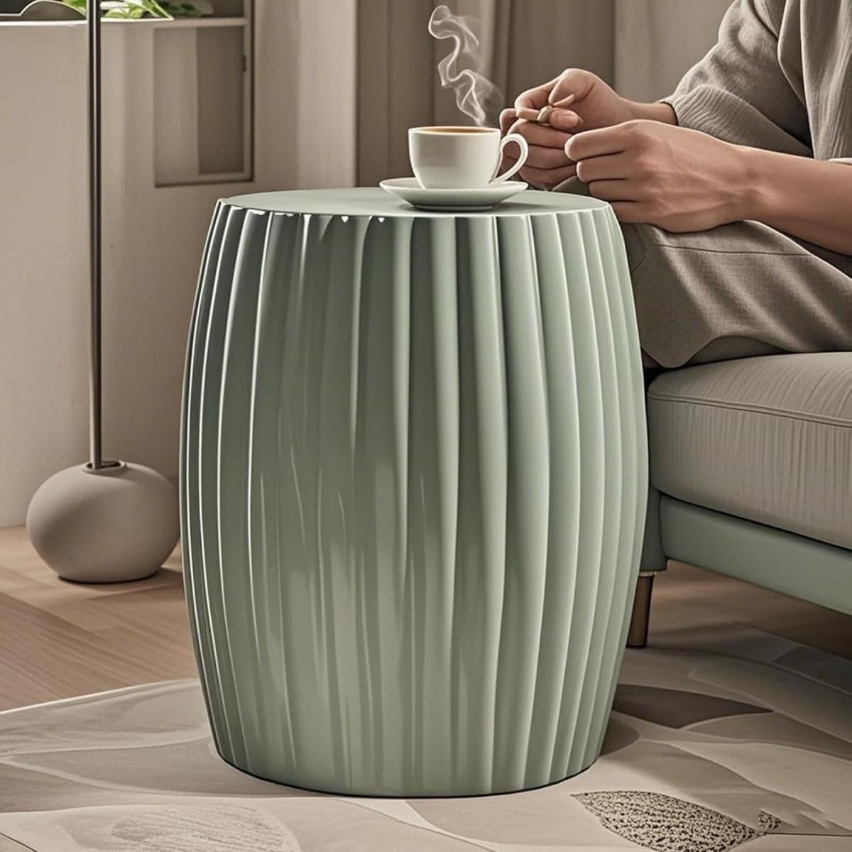 ELEFOCUS Decorative Ceramic Garden Stool, Simple Pumpkin Stripes,Green Garden Stool,Chinese Ceramic Drum Stool(C)