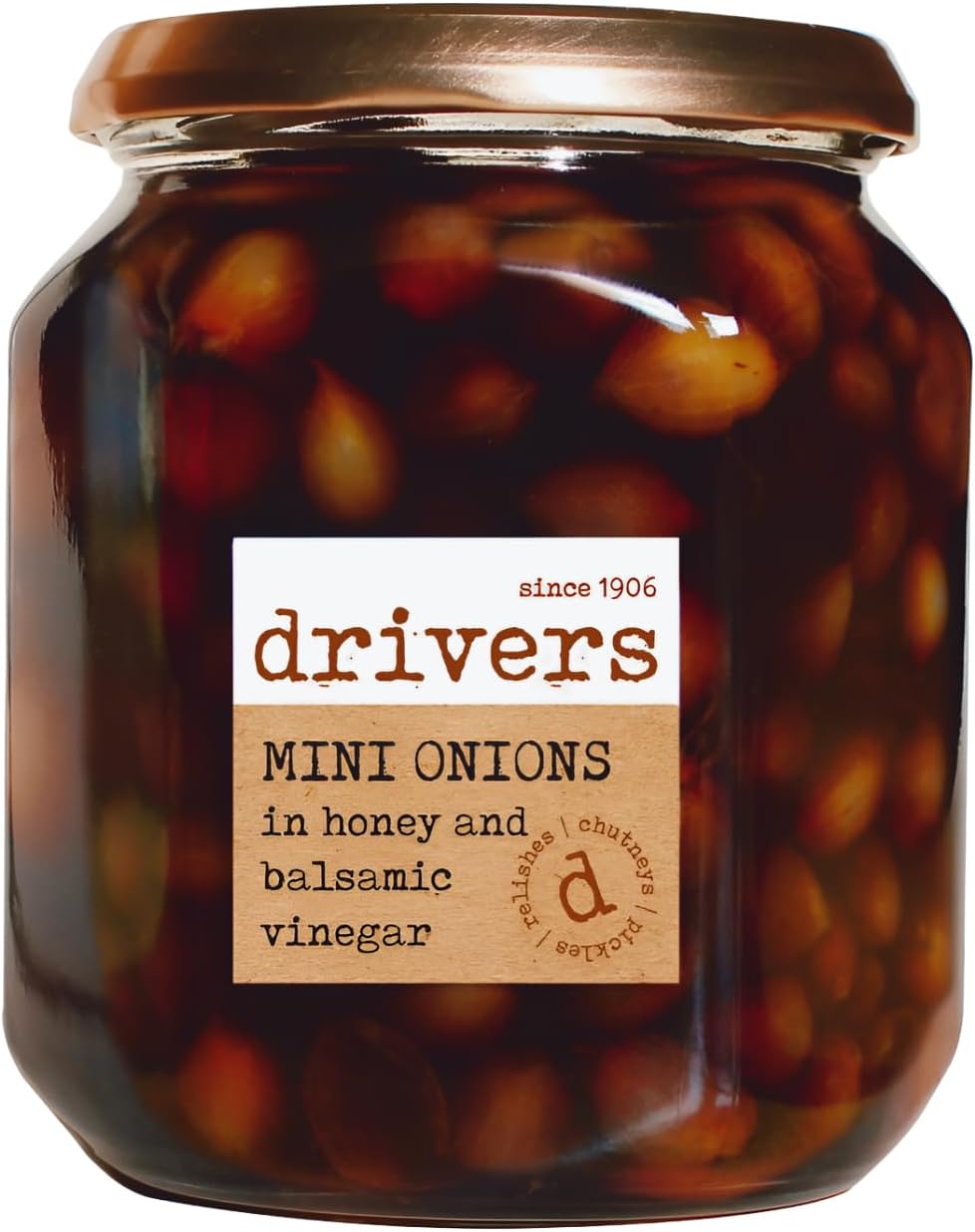 Drivers Mini Onions in Honey and Balsamic Vinegar - Mini Silverskin Onions Sticky Honey Flavour Traditional Driver's Recipe Picklers Since 1906 Gluten-Free Suitable for Vegetarians - 550 g Jar