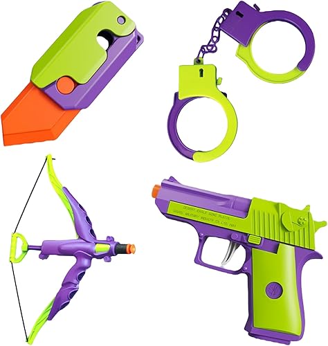 Juego de 4 juguetes de rábano 3D, cuchillo para ansiedad, pistola antiestrés, arco y flecha para niños, esposas falsas, juguetes para niños de 3 a 5