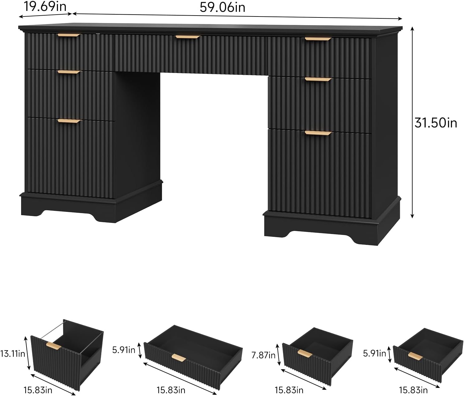 Vabches 59" Executive Desk with Fluted Drawers, Wood Computer Desk with Adjustable File Drawers, Computer Writing Desk for Home Office, Study, Living Room, Bedroom.Pure Black