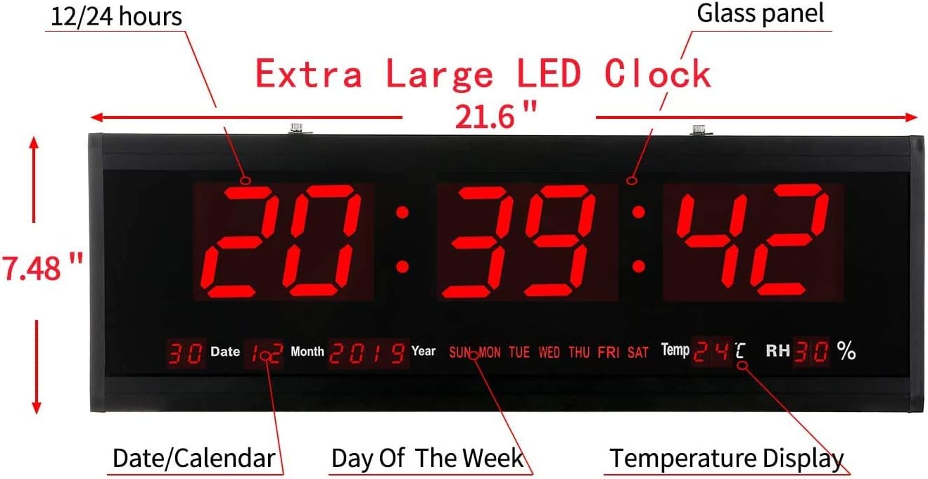 Rsobl 21.6 Inch Oversized LED Digital Wall Clock Large Display with Indoor Temperature Date and Day of Week,Electric Wall Clock/Calendar Timer Home Decor -Red