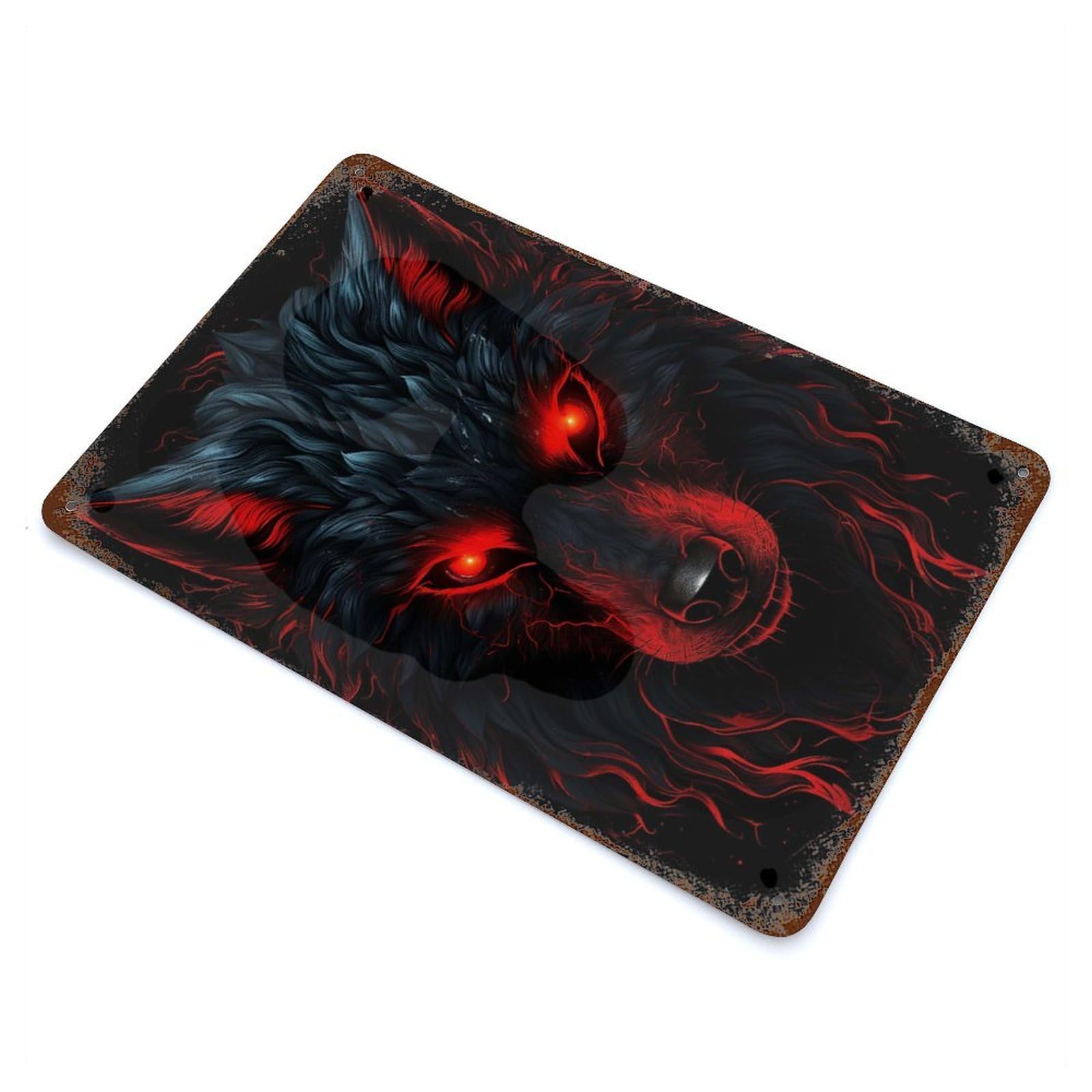 Rustic Tin Plaque with Wolf Red And Black Animals Design 11.8"x7.9", for Cafe, Home Bar And Lounge Decor, Industrial Home Decor
