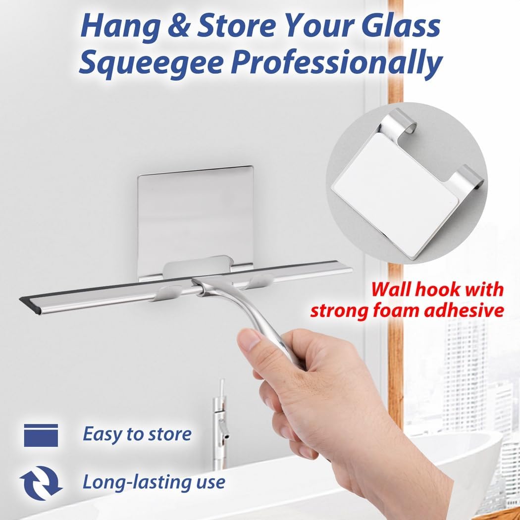 Stainless Steel Shower Squeegees Set with Wall Hooks, 10” and 12” Glass Squeegees, Includes Microfiber Cloths for Windows and Bathrooms