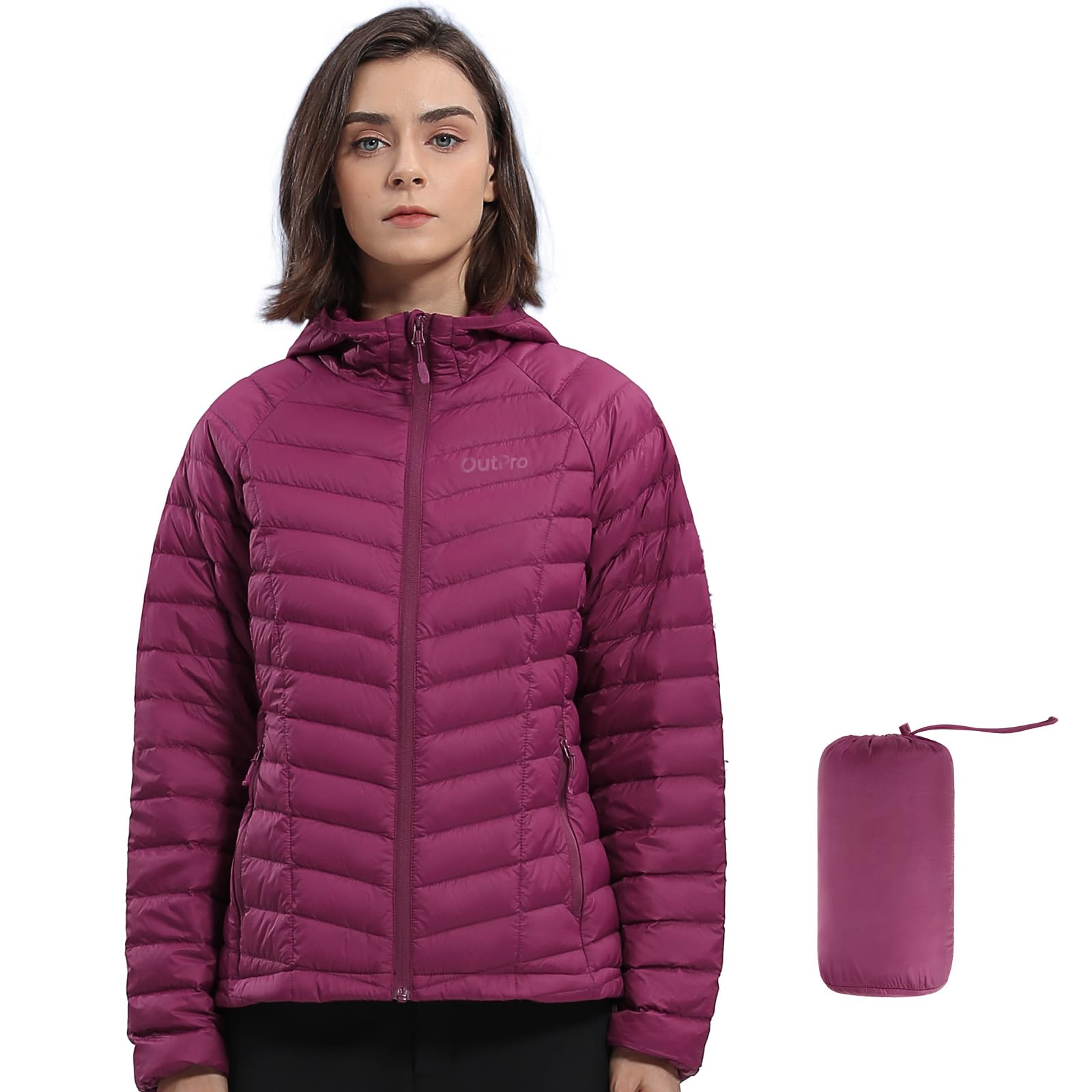 OutPro Daunenjacke Damen Leichte Packbare Übergangsjacke Warme Winterjacke mit Kapuze Outdoor für Frauen Warmes Polythermal-Futter mit Taschen für Freizeit Wandern Reisen