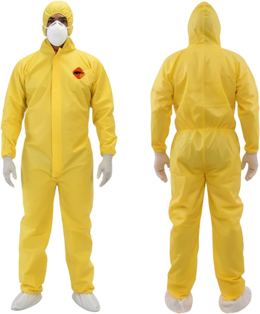 TigerTough Chemical Protection Coveralls for Men - Hazmat Suits with Hood, Zipper & Elastic Waist for Industrial Use, Yellow, X-Large