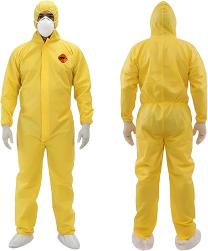 Tiger Tough Yellow Hazmat Suit Disposable - Chemical Protective Coveralls with Hood, PPE Paint Suit, Cleaning Jumpsuit