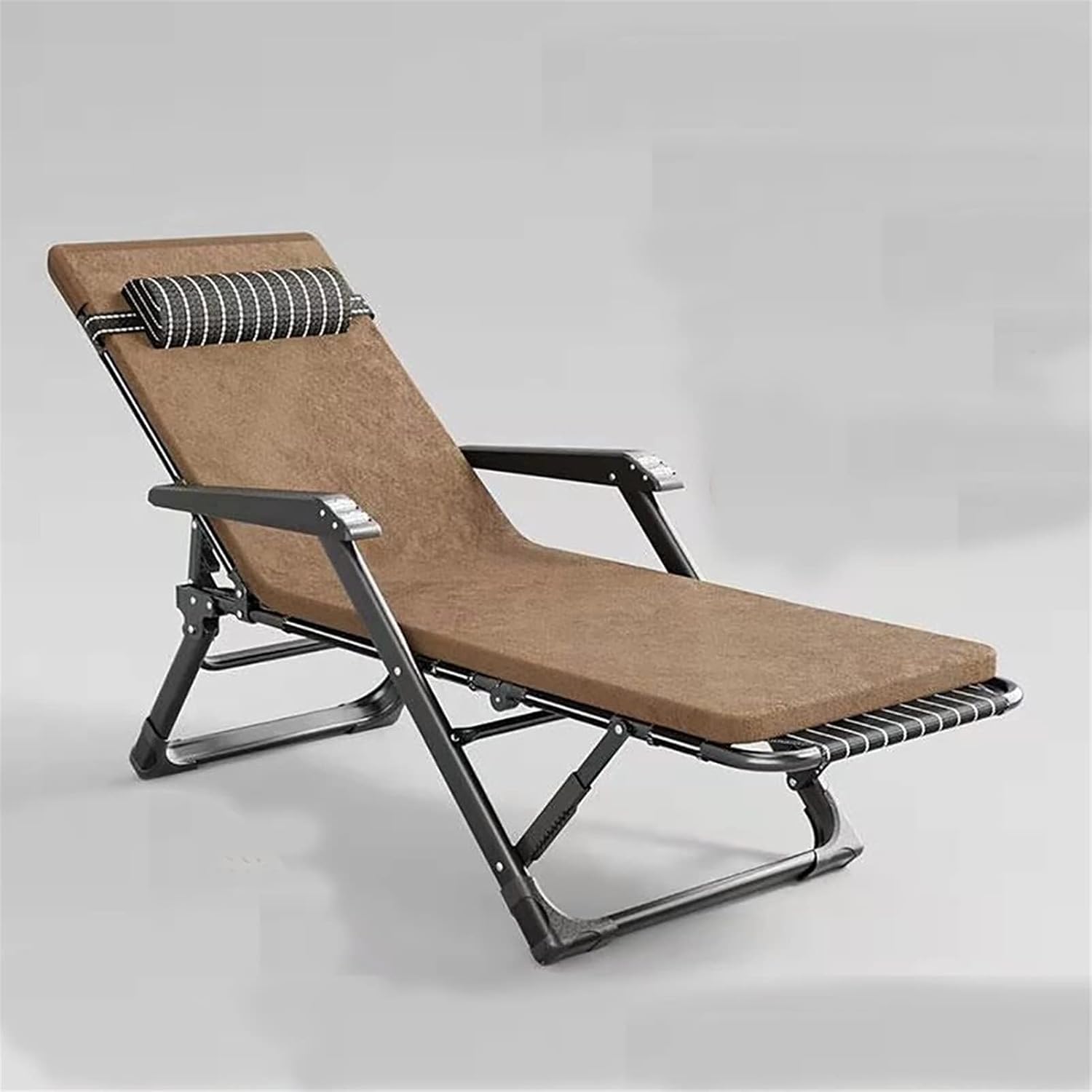 Reclining Patio Chair with Cushion, Foldable Lounge Recliner 15-Speed Adjustment, Portable Lawn Chaise for Office, Outdoor Picnic, Nap, and Night Fishing – Easy to Carry(Brown)