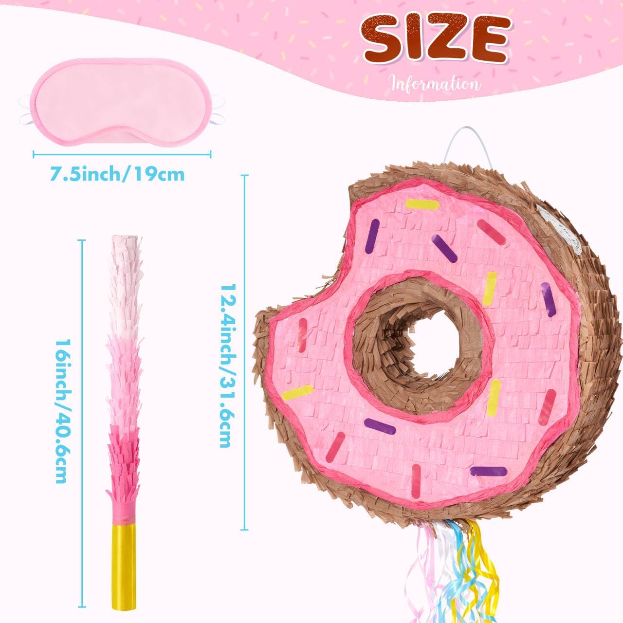 WERNNSAI Donut Piñata - Pink Donut Piñata with String Birthday Party Decorations Piñata with Stick Blindfold for Girls Kids Dount Pull String Piñata Family Games Birthday Party Supplies