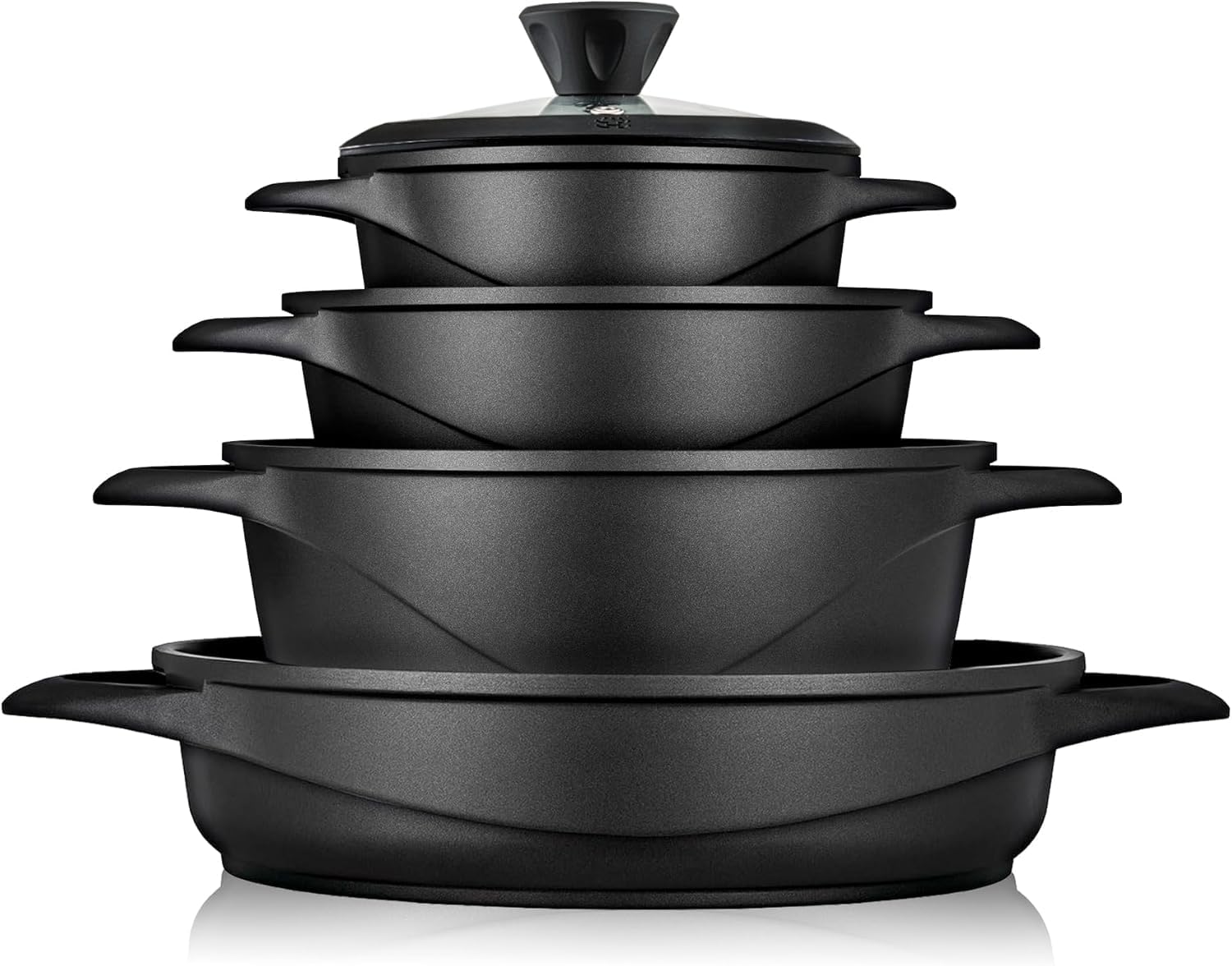 briebe Batería Cocina Inducción 8 Piezas, Juego 4 Ollas Aluminio Fundido, Antiadherente ILAG GRANITEC sin PFOA, Set Cazuelas Tapas Cristal, Guantes Silicona, Vitrocerámica, Gas, Horno, MGK-17S