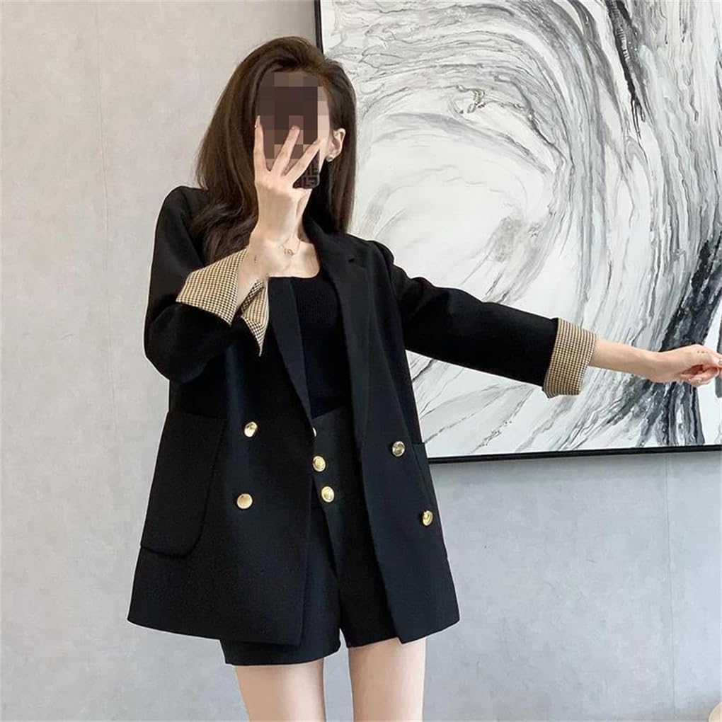 Women Black Turn-Down Collar Blazer, Double Breasted Loose Office Lady Casual Outerwear