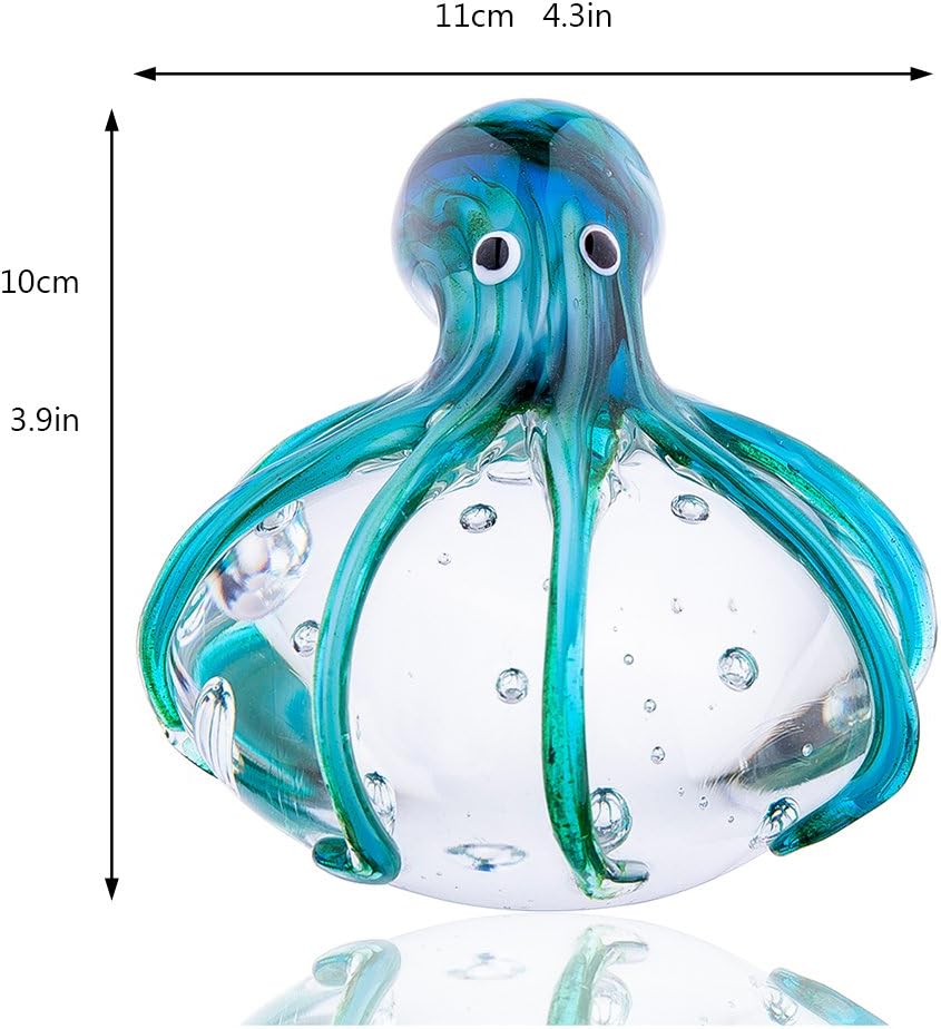 QFkris 4.3" Handmade Octopus Blown Glass Figurine Gift for Mother's Day, Birthday Home Decor Blue-Green Paper Weight