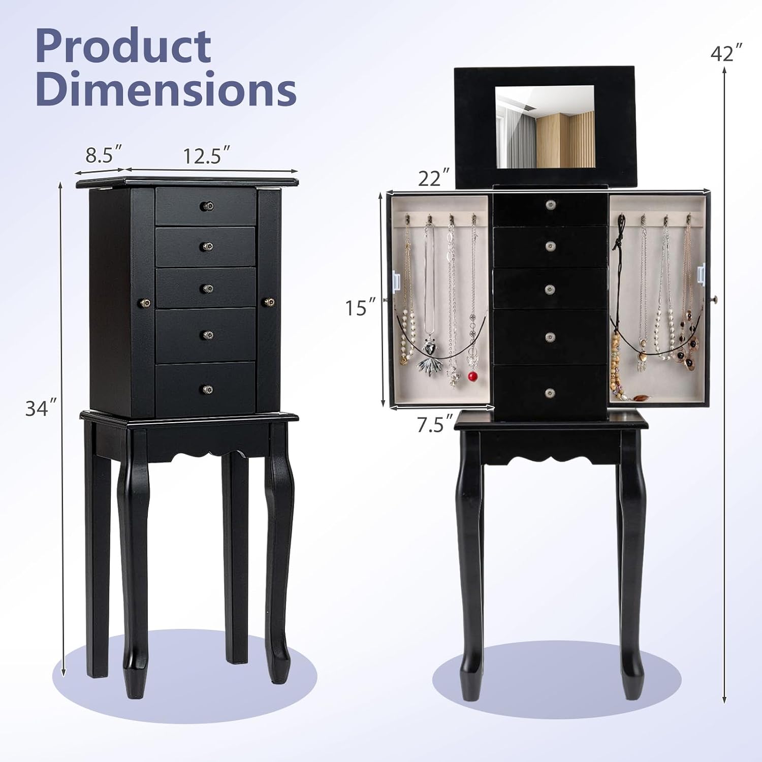 Giantex Standing Jewelry Armoire Cabinet with 4 Drawers, Flip Top Mirror, Top Storage Compartments, 2 Side Doors with 8 Necklace Hooks, Freestanding Jewelry Organizer Box Chest (Black)