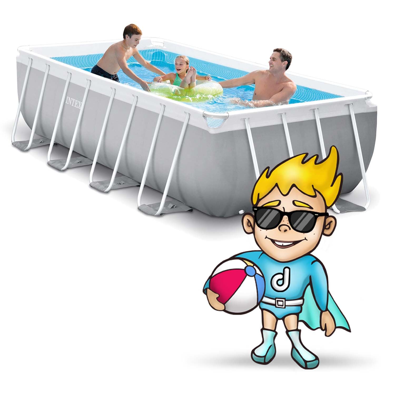 INTEX PrismFrame Pool rechteckig Aufstellpool Komplettset 400 x 200 x 100 cm 12V Filterpumpe Sicherheitsleiter Familienpool Swimmingpool 6836l blau