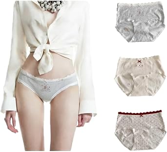 Cute Bear Print Bikini Panties Girls Soft Lace Trim Underwear 100% Cotton Crotch Breathable Moisture-Wicking 3 Pack