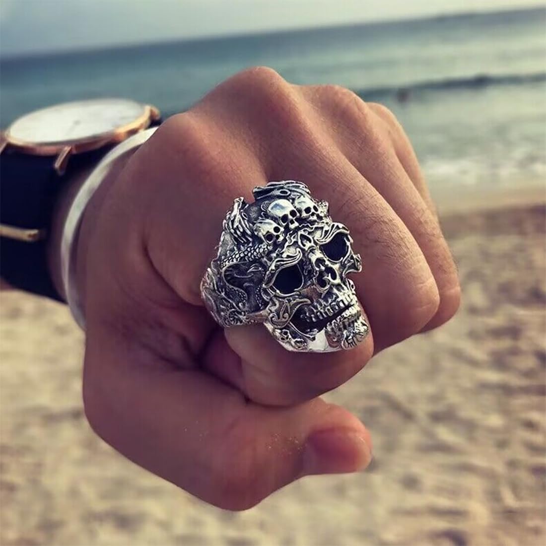 Set 4 Anelli Teschio Punk Rock In Acciaio – Regolabili, Per Uomo E Bambino, Idea Regalo