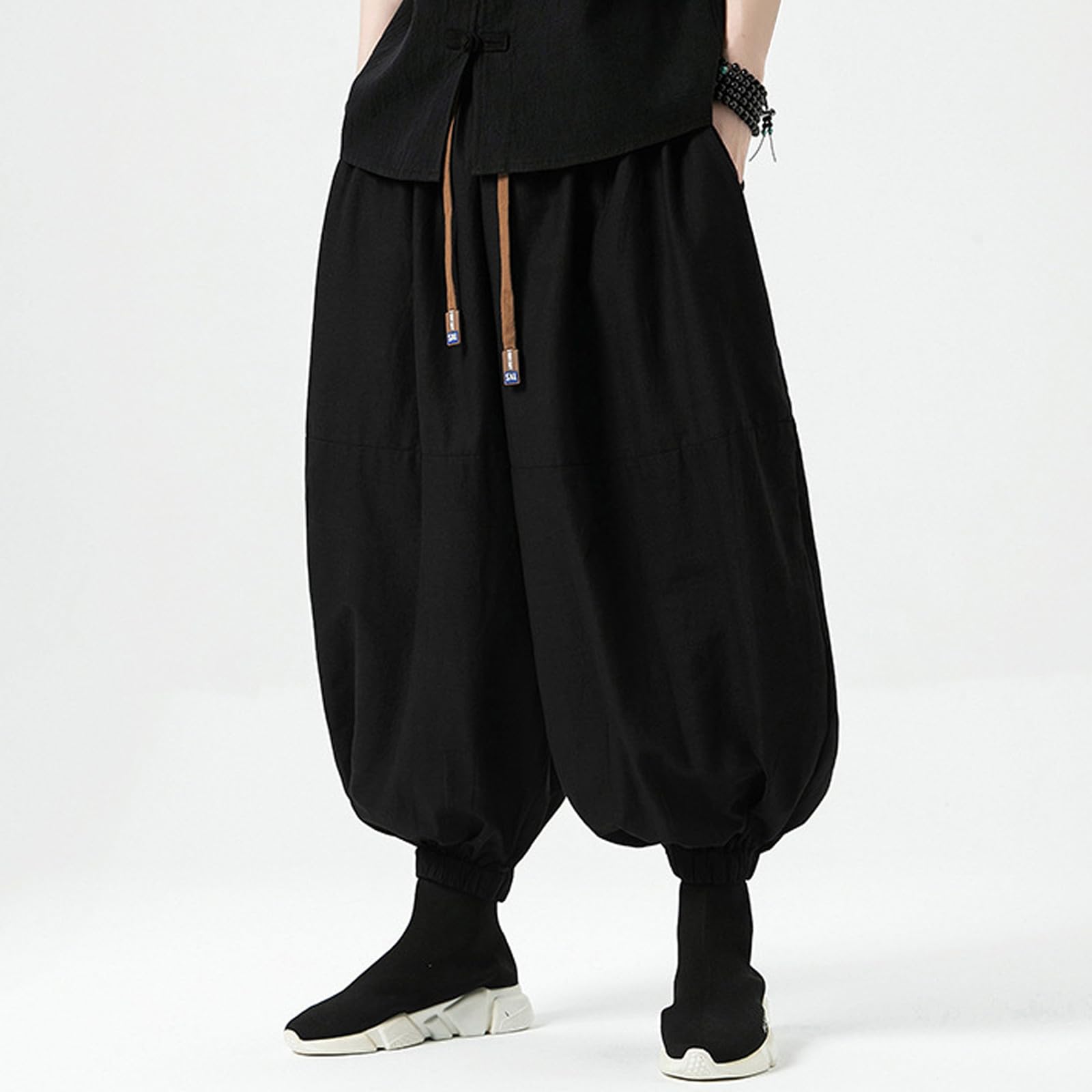 Pantaloni harem da uomo in lino, leggeri, estivi, larghi, con coulisse, pantaloni da jogging Hip Hop Harajuku Streetwear da spiaggia, yoga, tempo libero Y2K Hippie