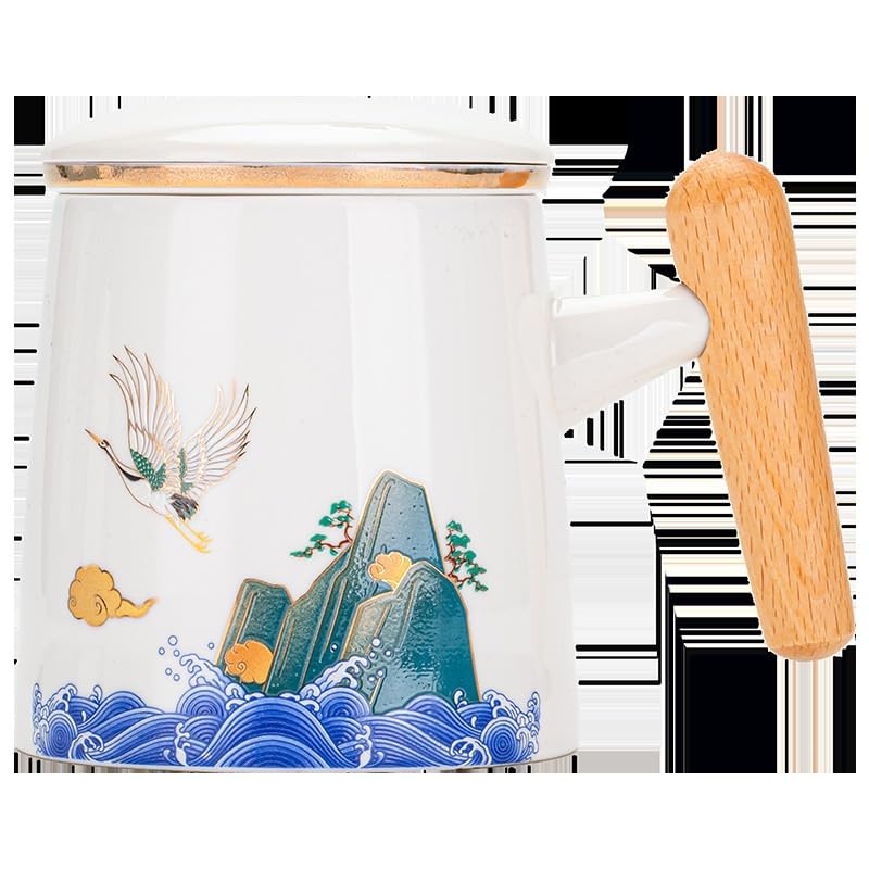 Tasse à thé Tasse à infusion en céramique avec couvercle, tasse à séparation d'eau et de thé, tasse filtrante avec poignée en bois, tasses de bureau Récipient de trempage(A)