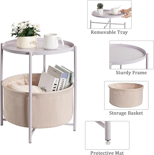 Miniatura 73 de danpinera Mesa auxiliar redonda con cesta de almacenamiento de tela, mesita de noche pequeña de metal con bandeja extraíble para sala de estar,