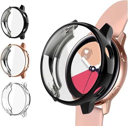 Amazon.com: NAHAI - Paquete de 3 fundas compatibles con Samsung Galaxy  Watch Active Protector de pantalla de 1.575 in, TPU, chapado delgado,  resistente a los arañazos, funda protectora de parachoques alrededor,  negro/transparente/dorado :