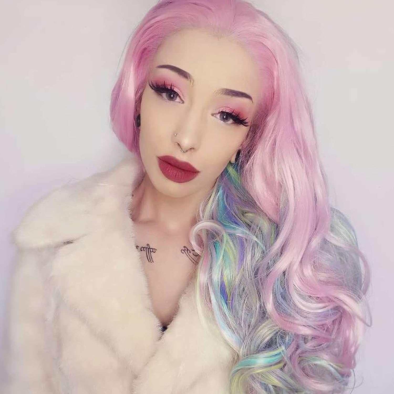 Long Mermaid Hair Wig Multi-Color Natural Wave Synthetic Lace Front Wigs for Women Colorful Glueless Heat Resistant Fiber Hair Pink Green Blue Yellow White Halloween Cosplay Daily Wig