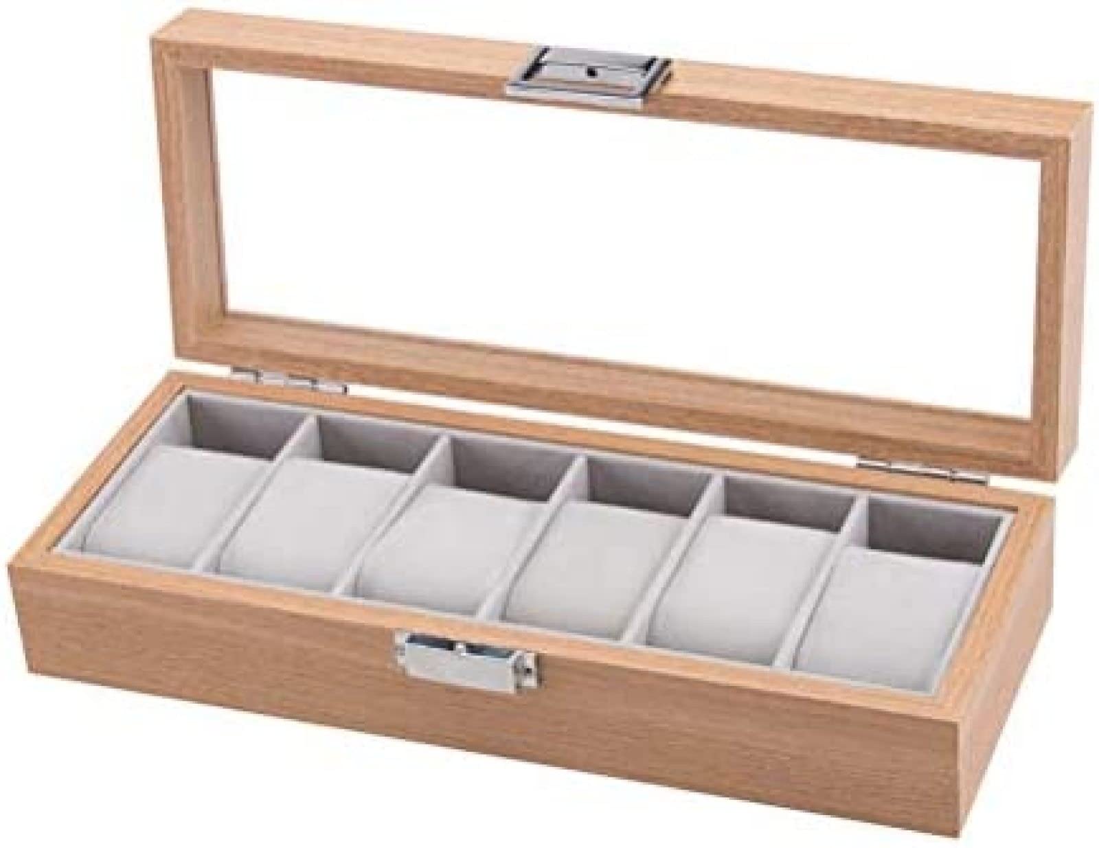 YNBSHGAA Watch Box Wooden 6 Slots Mens Womens Wrist Watches Storage Case Jewellery Organiser Box with Glass Top and Removable Storage Pillows Bracelet Bangle Case Display Holder