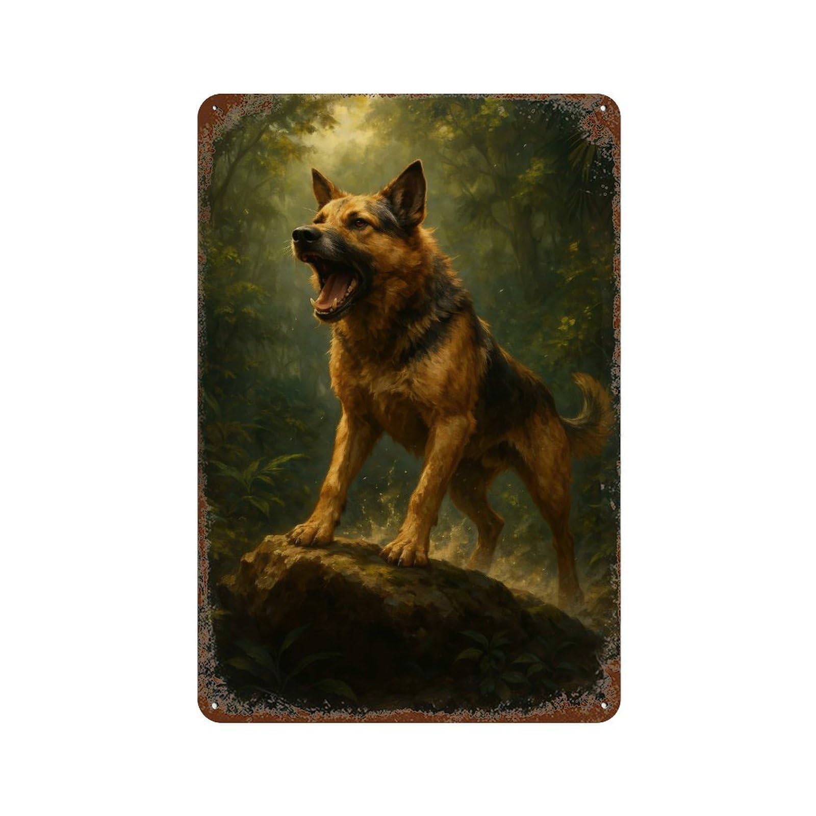 German Shepherd Dog Roaring in Forest Rusty Metal Tin Sign 11.8"x7.9", Vintage Wall Decor for Garage, Pub Or Kitchen