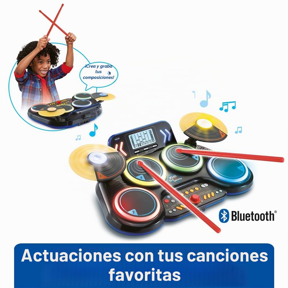 VTech Kidi DJ Drums, batería electrónica Infantil con Almohadillas Luminosas, platillos, Palillos, Bluetooth, Toma Jack para Auriculares, Aprendizaje y Juegos, Para niños a Partir de 6 años, francés