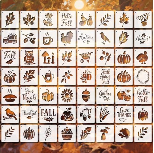 BLOSSOMLAYER Fall Stencils 56PCS 4in Reusable Plastic Templates Fall Craft Paint Stencil DIY Crafts Thanksgiving Autumn Decoration for Fabrics Window Wall Home Wood(4inch 56 Pack)