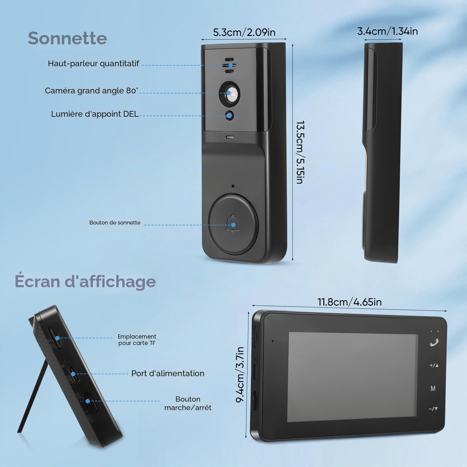 Sonnette sans Fil avec Camera, IP65 Visiophone sans Fil Exterieur Etanche, écran IPS de 4.3 1080P, Vision Nocturne, sans Abonnement, sans App, sans WiFi, Angle de Vision 80°