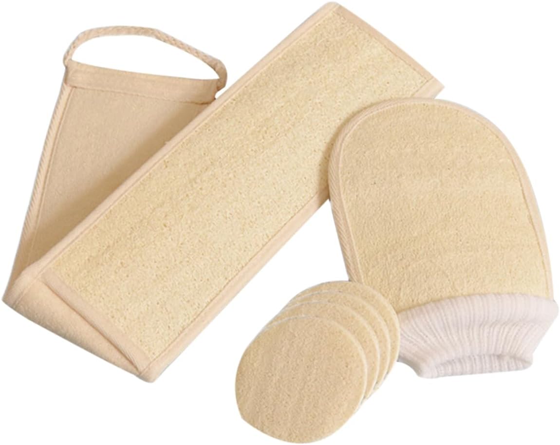 Natural Loofah Bath Scrubber Set 6pcs Exfoliating Bath Mitt Gloves Lotion Applicator Beige for Shower and Body Care