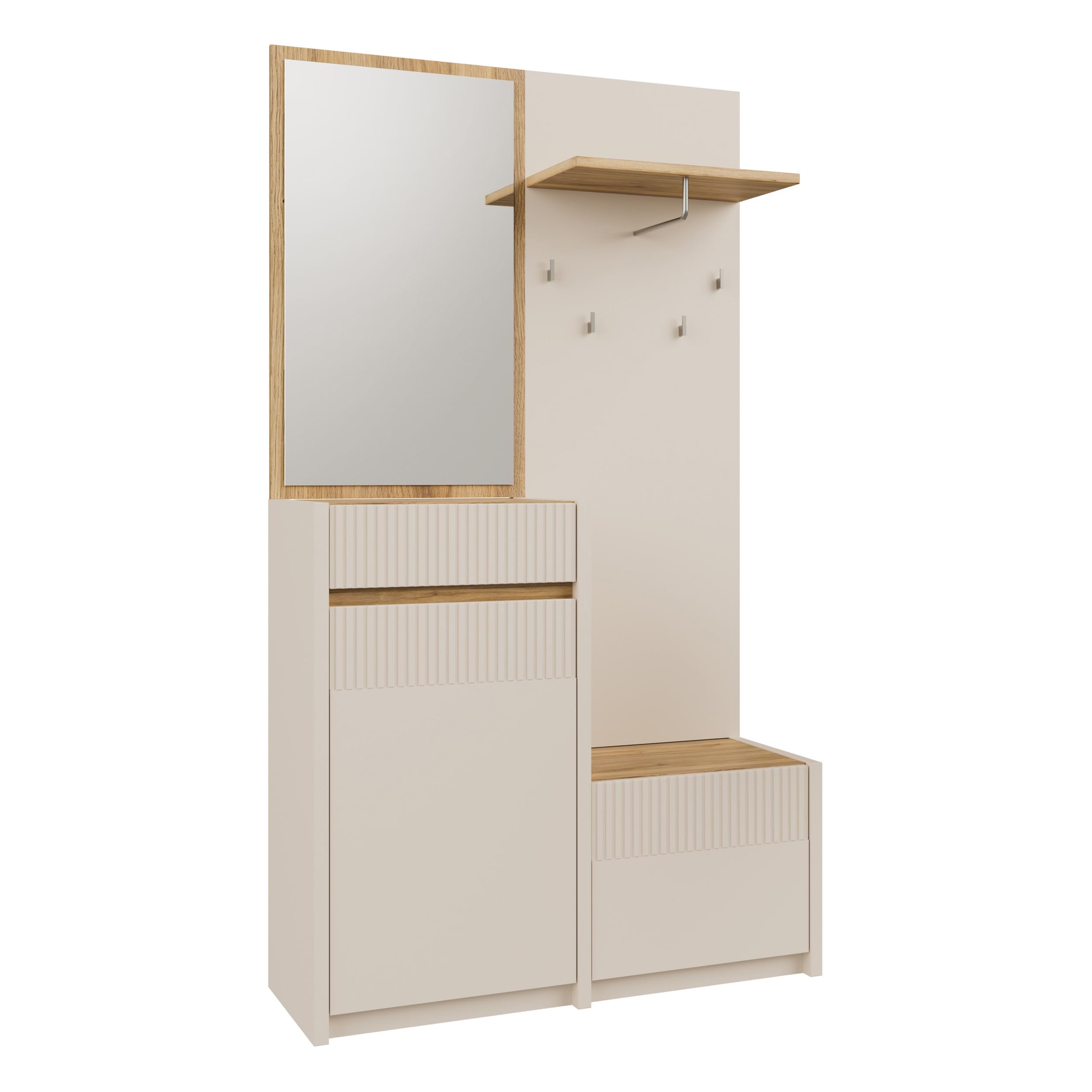 Forte Oak SQUERE Garderobe 100 110, Elegante Garderobe mit Spiegel, Kleiderstange und Aufbewahrung, Holzwerkstoff, Mauvella Eiche Holzdekor/Sand, 108,4 cm breit x 195,9 cm hoch x 41,7 cm tief