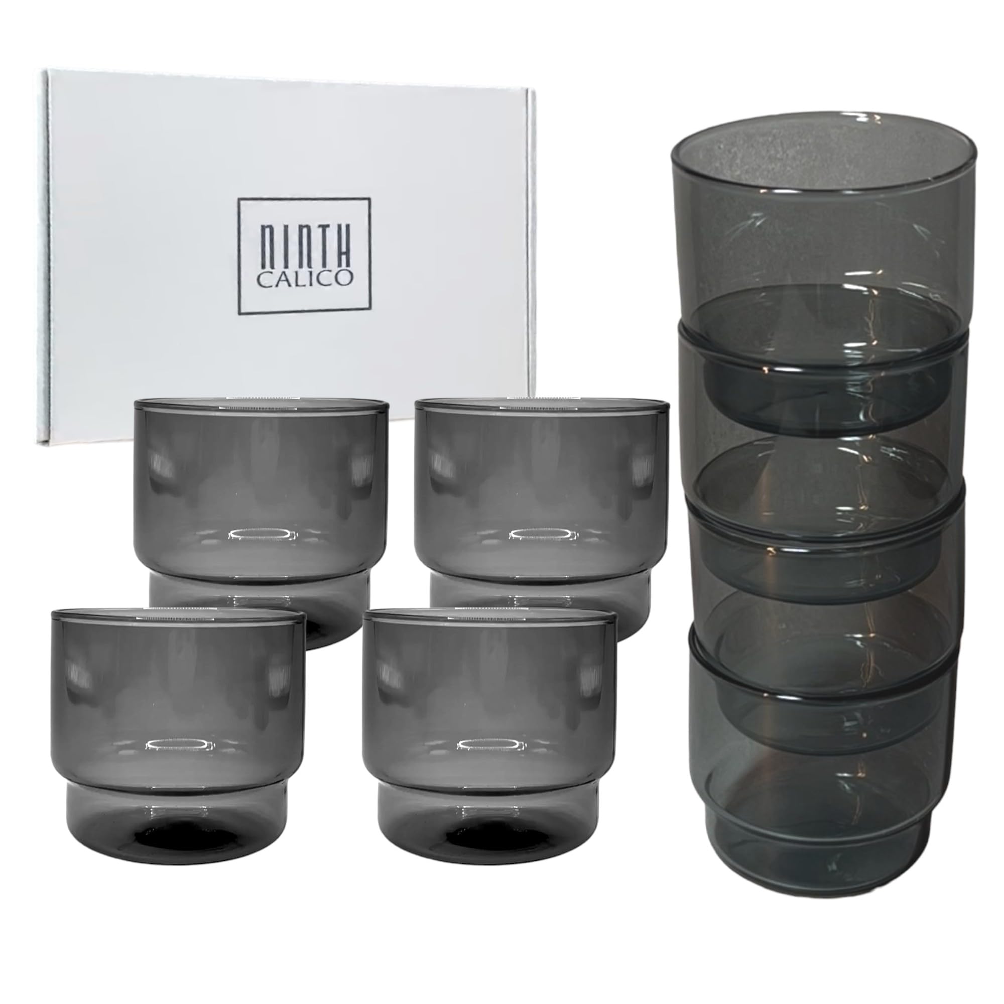 Stackable 4-Piece Glass Set – Colored Drinking Cups, Lead-Free and Cadmium Free Glass (Grey, Short)