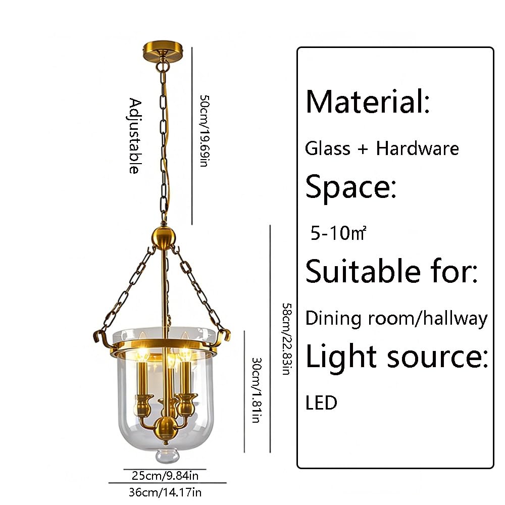Lampatradizionale a Campana Di Vetro con Finitura Dorata, Lanterna in Vetro a 3 Luci, Larghezza 35,5 Cm, con Catena Regolabile, Ideale per Ingresso, Isola Cucina, Sala da Pranzo, Corridoio, Camera da