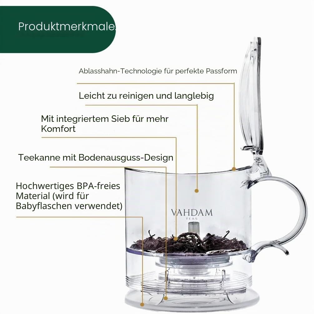 VAHDAM, Teekanne für losen Tee mit integriertem Tassennetzsieb | 474 ml | BPA-frei | Tropffreies Design | Ideal für heißen & kalten Tee