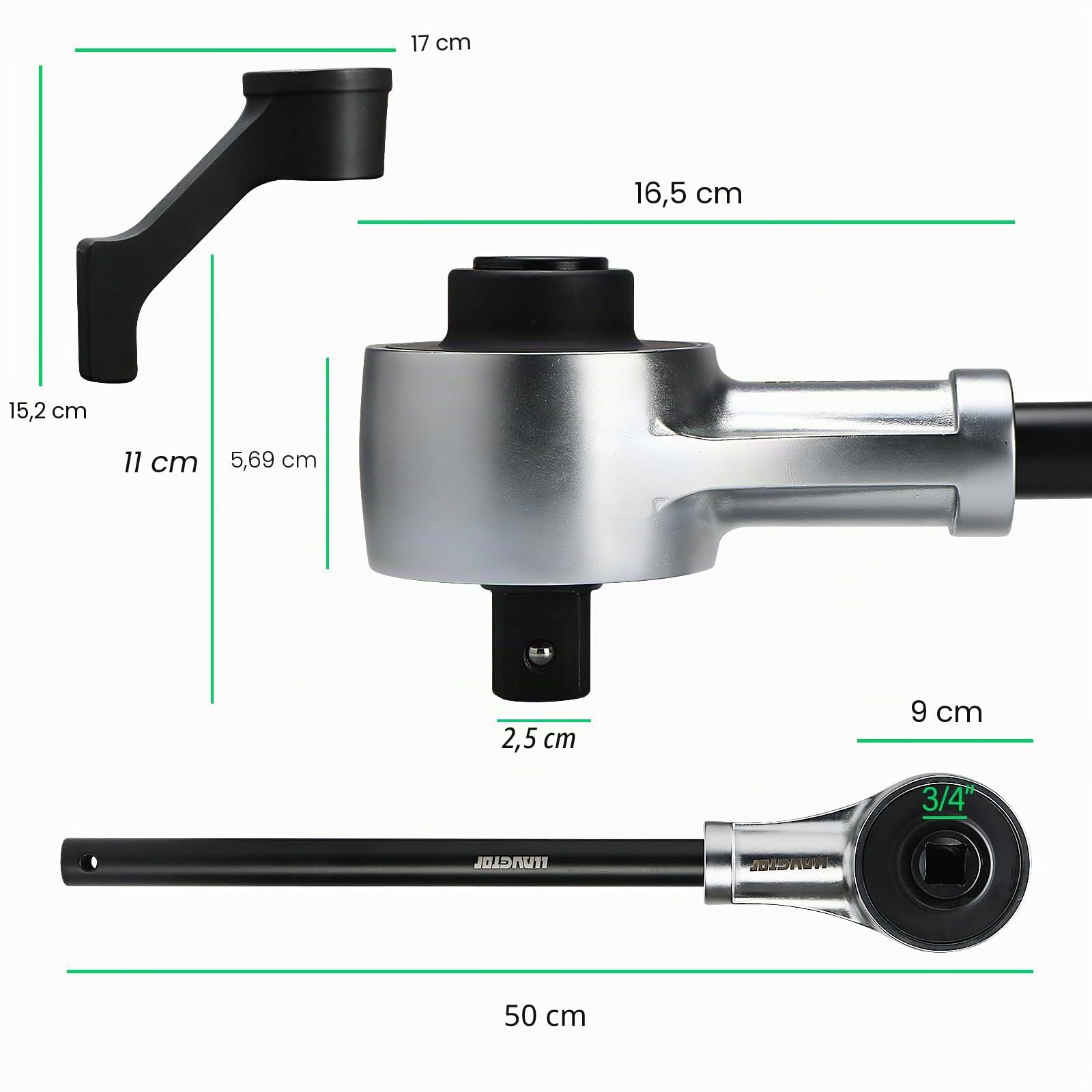 Set di moltiplicatore di coppia, attacco da 3/4 pollici, 2900 Nm, amplificatore di coppia 1:3 con braccio di reazione e adattatore, costruzione in Cr-Mo cromo vanadio, strumento per la rimozione per